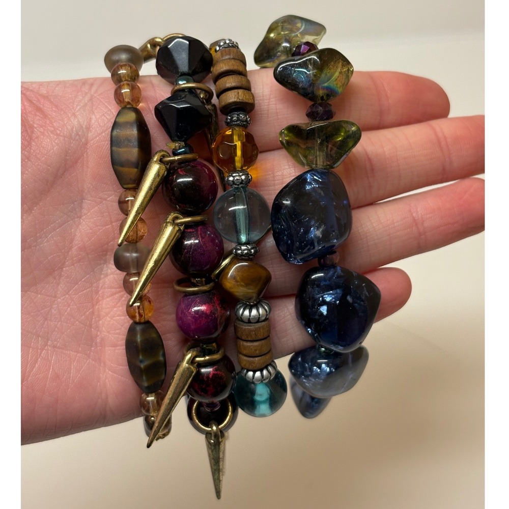 Boho Mixed Media Stretch Bracelet Set 4pc Spikes Glass Wood Beads